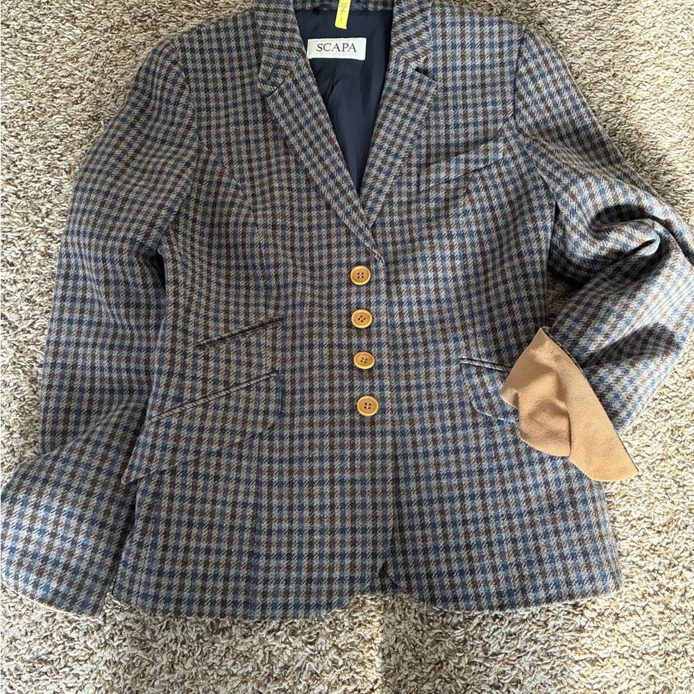 Women’s Scapa Brown Blue Wool Houndstooth Blazer: Size 40 US M